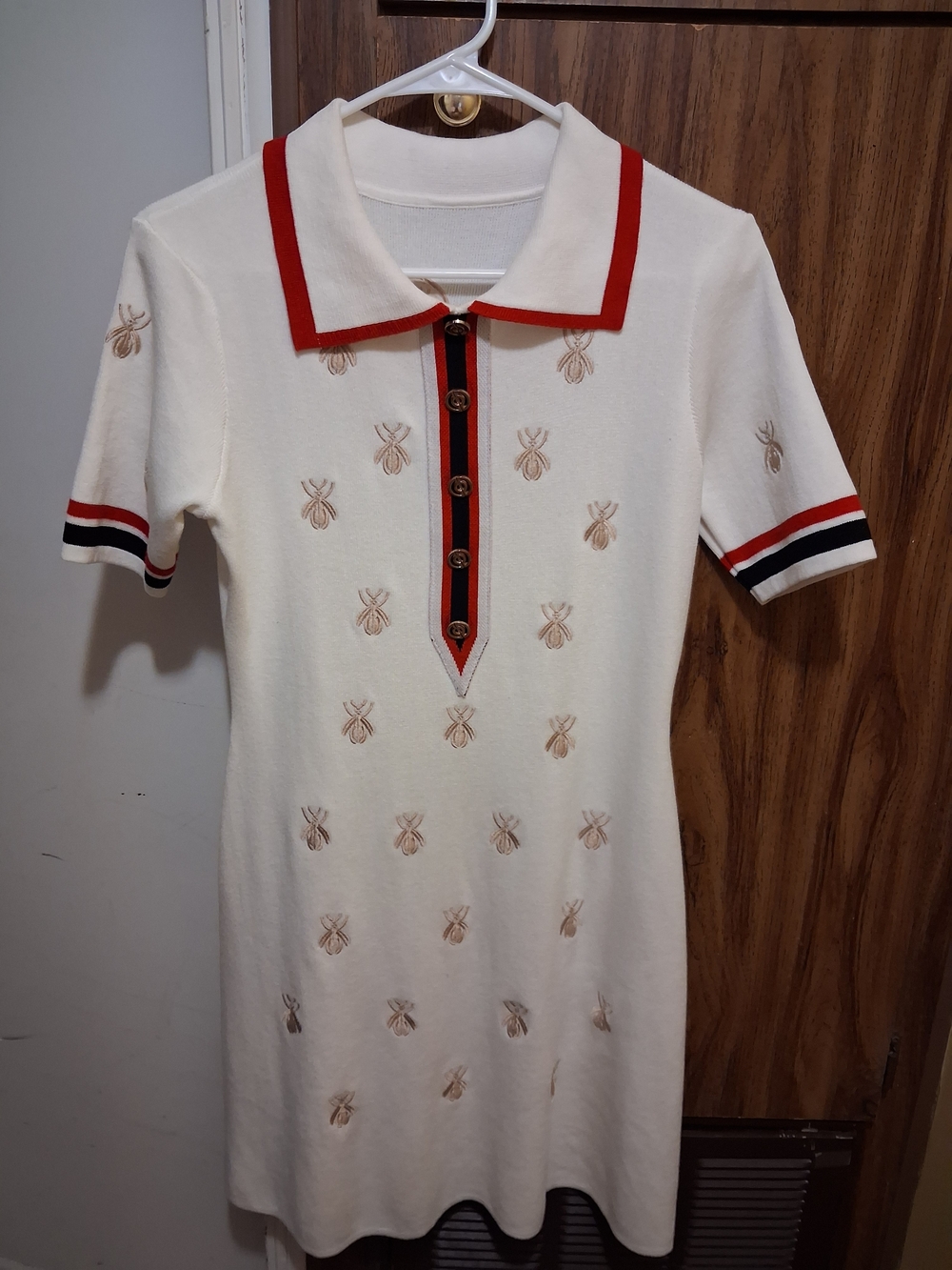 Cream Polo-Knit Short Sleeve Dress with Red Trim